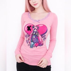 Sugar Thrillz Pink Anime Graphic Long Sleeve Top Lace Trim Kawaii Pastel Small